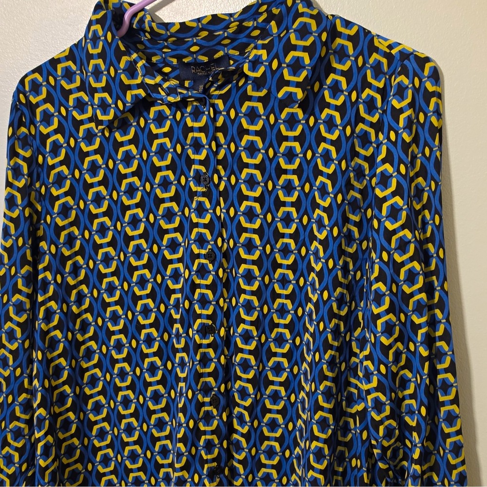 RACHEL Blue/Yellow/Black Geometric Chiffon Collared LS Button-Up Blouse L #320